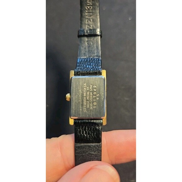 Citizens Quartz ladies rectangle black face goldtone black Leather 13mm Watch - Picture 2 of 11